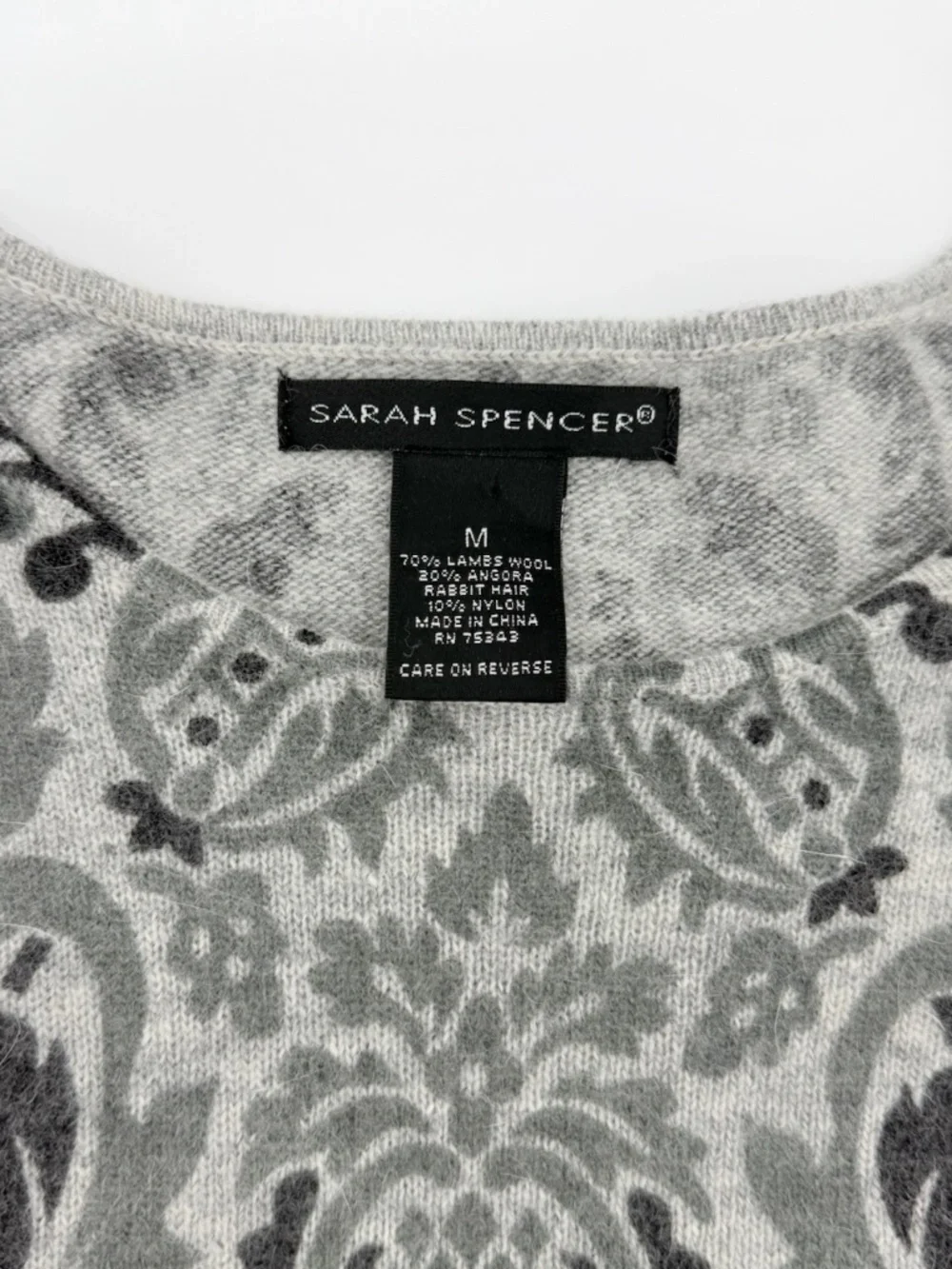 Sarah Spencer Lambswool Angora Knit Sweater Womens M Medium Damask Gray Vintage